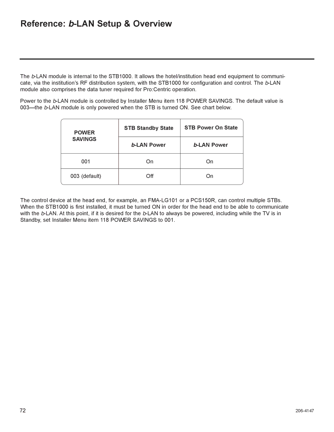 LG Electronics STB1000 Reference b-LAN Setup & Overview, STB Standby State STB Power On State, LAN Power 001 Default Off 