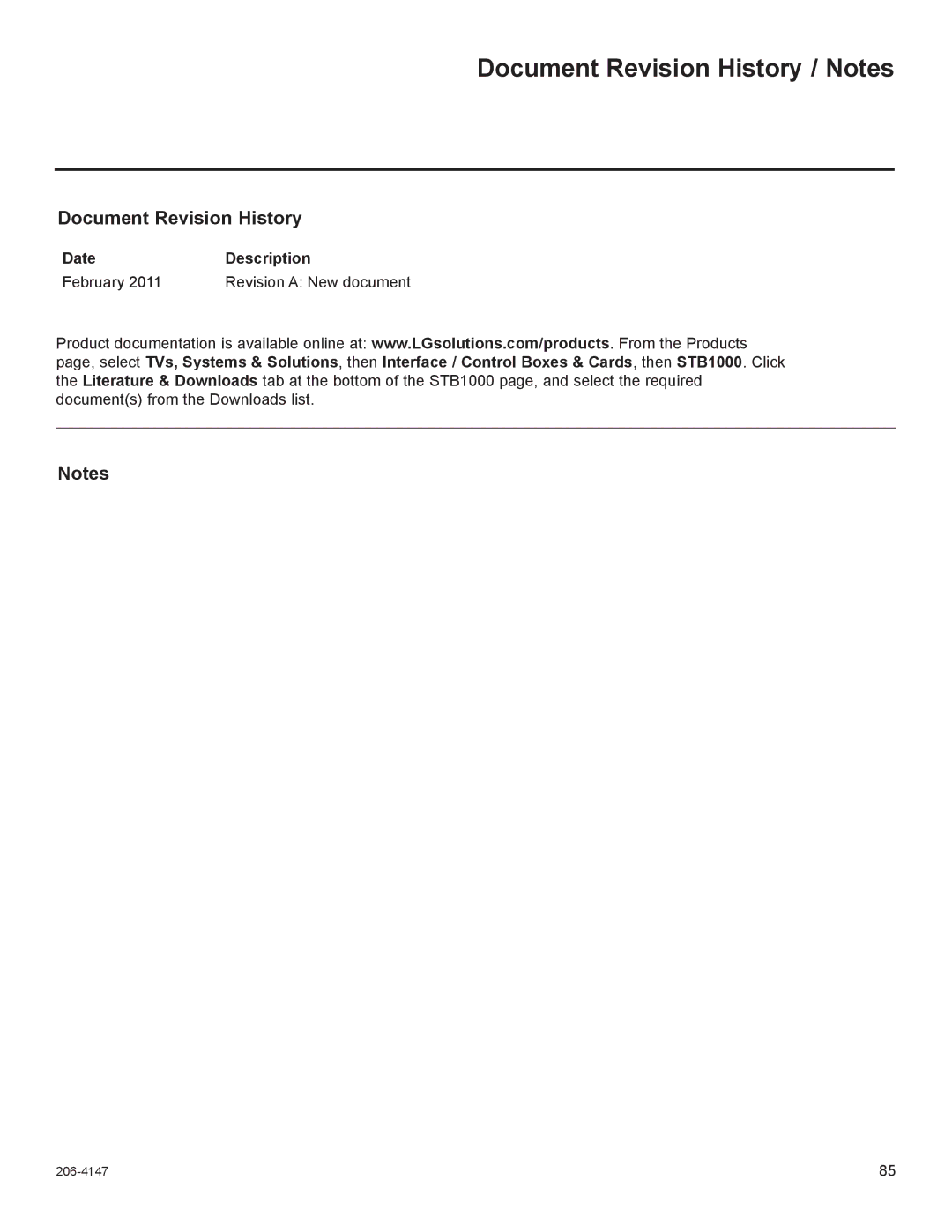 LG Electronics STB1000 manual Document Revision History / Notes, Date Description February Revision a New document 