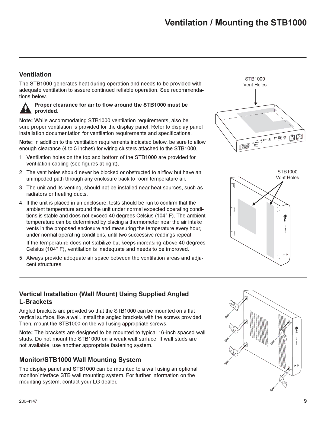 LG Electronics manual Ventilation / Mounting the STB1000, Monitor/STB1000 Wall Mounting System 