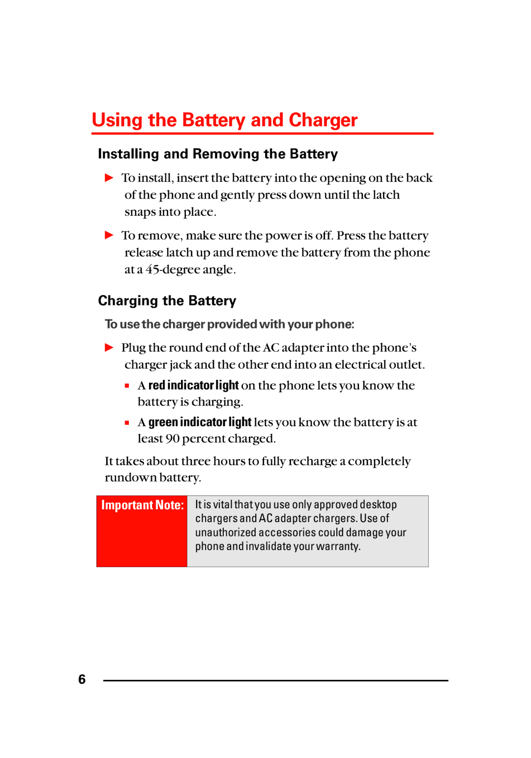 LG Electronics Sti manual Using the Battery and Charger, Installing and Removing the Battery, Charging the Battery 