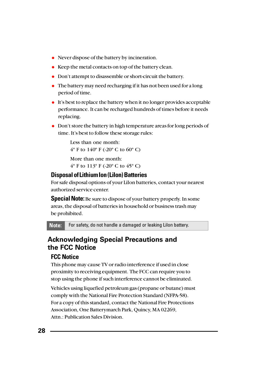 LG Electronics Sti manual Acknowledging Special Precautions and the FCC Notice, Disposal of Lithium Ion LiIon Batteries 