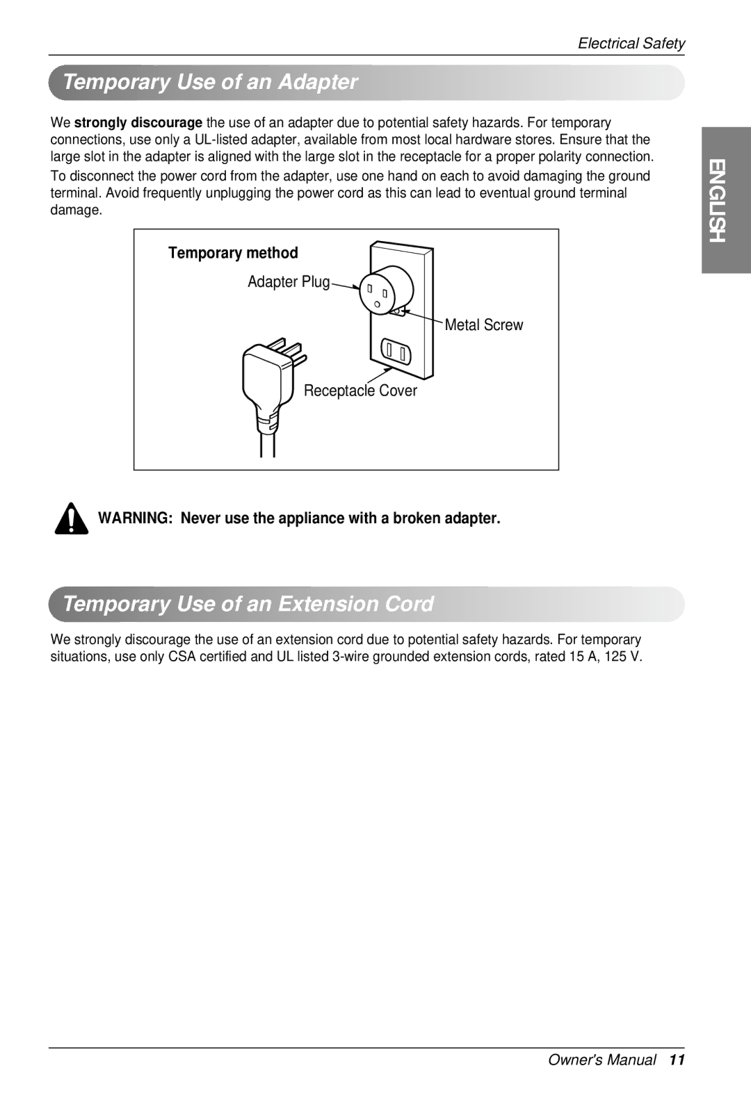 LG Electronics SU/SZ CHASSIS owner manual Temporary Use of an Adapter, Temporary Use of an Extension Cord 