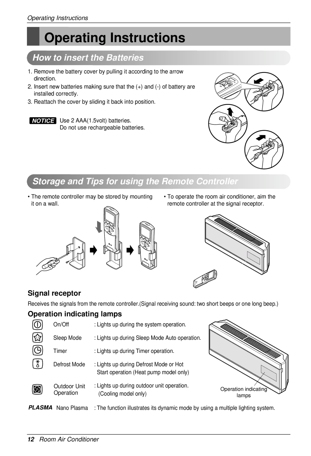 LG Electronics SU/SZ CHASSIS owner manual Operating Instructions, How to insert the Batteries, Signal receptor 