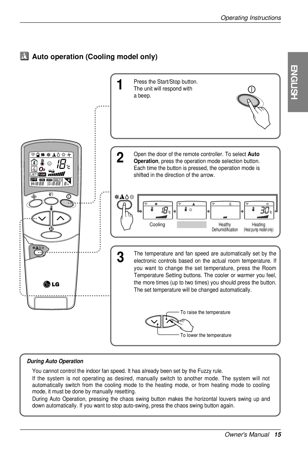 LG Electronics SU/SZ CHASSIS owner manual Auto operation Cooling model only 