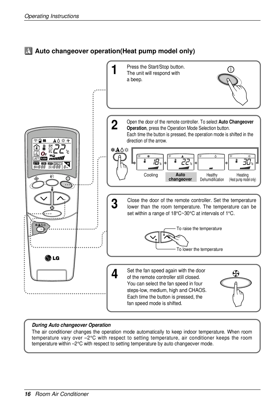 LG Electronics SU/SZ CHASSIS owner manual Auto changeover operationHeat pump model only, During Auto changeover Operation 