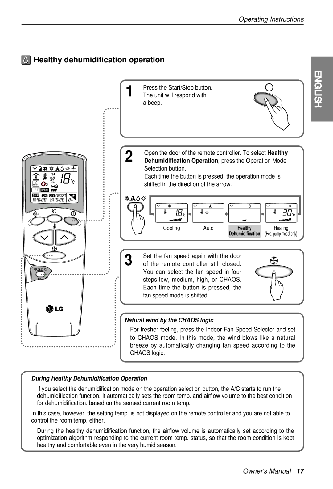 LG Electronics SU/SZ CHASSIS owner manual Healthy dehumidification operation, Remote controller still closed 