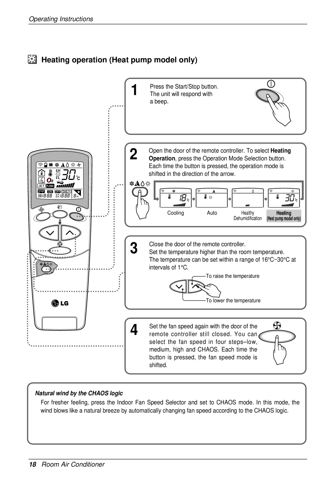 LG Electronics SU/SZ CHASSIS owner manual Heating operation Heat pump model only, Close the door of the remote controller 