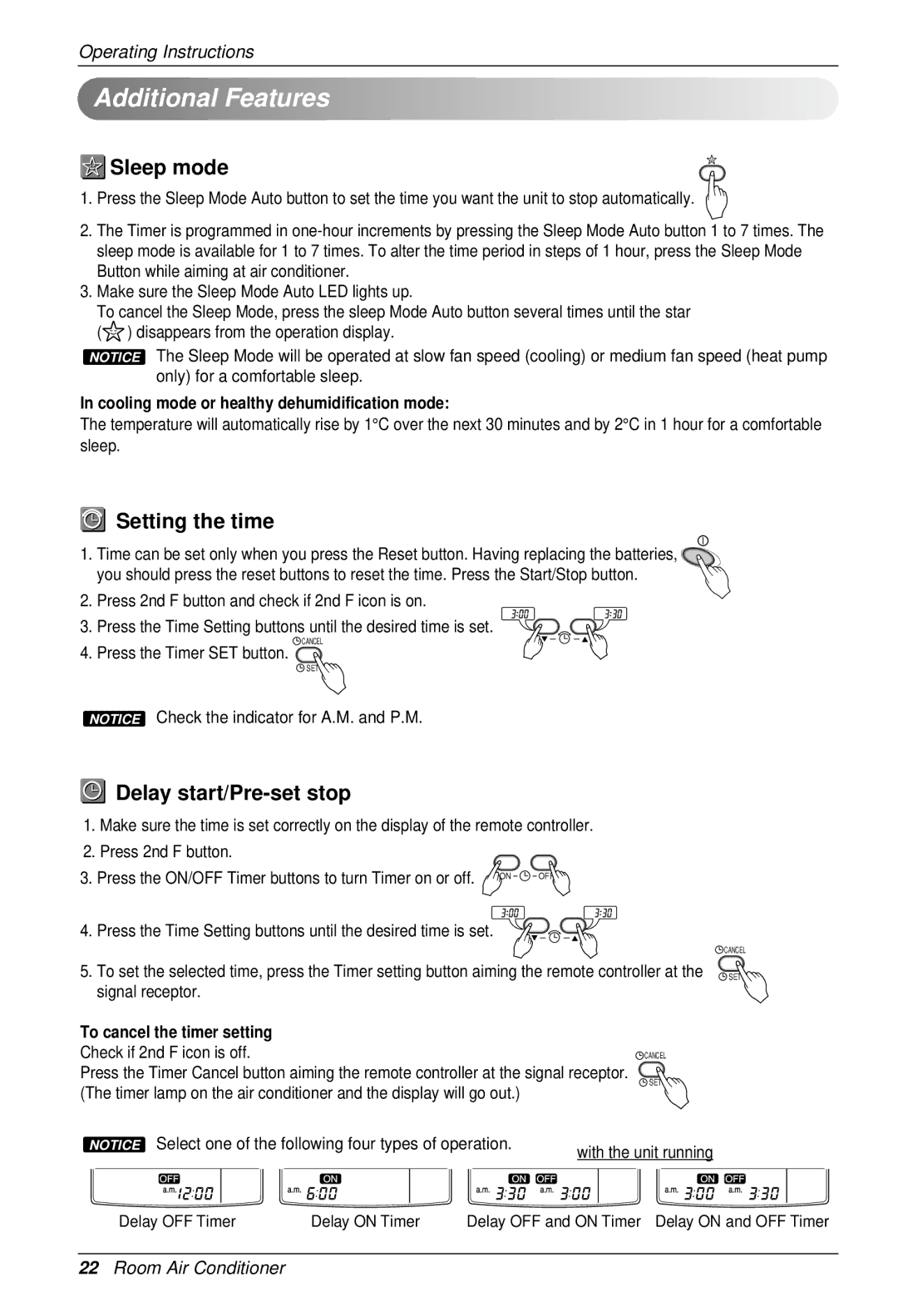 LG Electronics SU/SZ CHASSIS owner manual Additional Features, Sleep mode, Setting the time, Delay start/Pre-set stop 