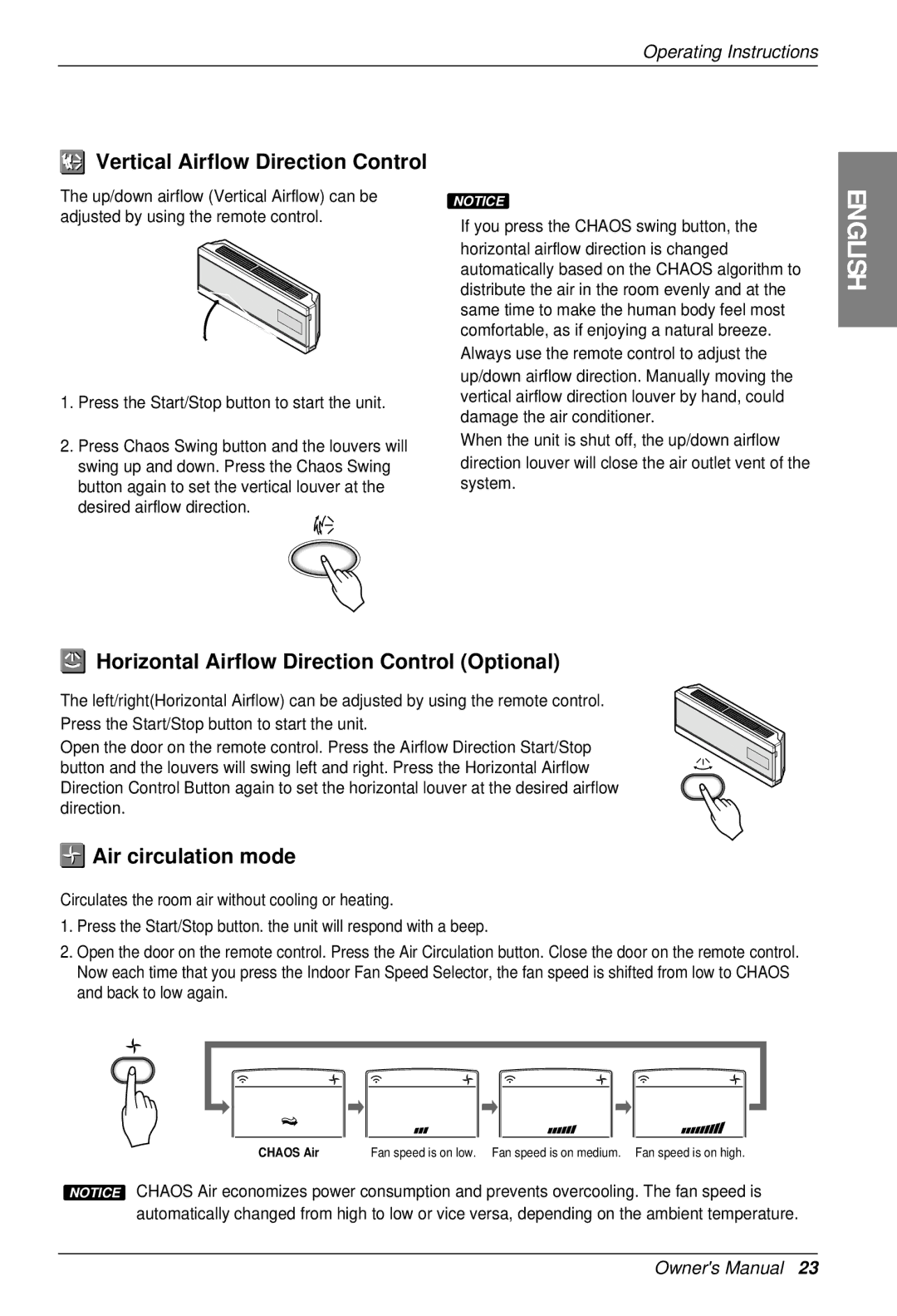 LG Electronics SU/SZ CHASSIS owner manual Vertical Airflow Direction Control, Horizontal Airflow Direction Control Optional 