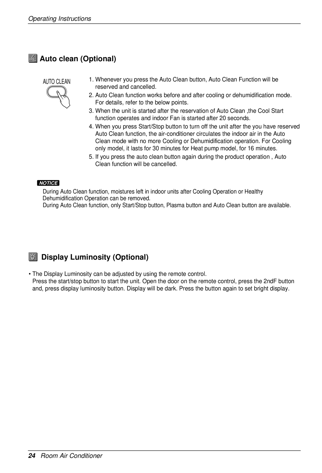 LG Electronics SU/SZ CHASSIS owner manual Auto clean Optional, Display Luminosity Optional 