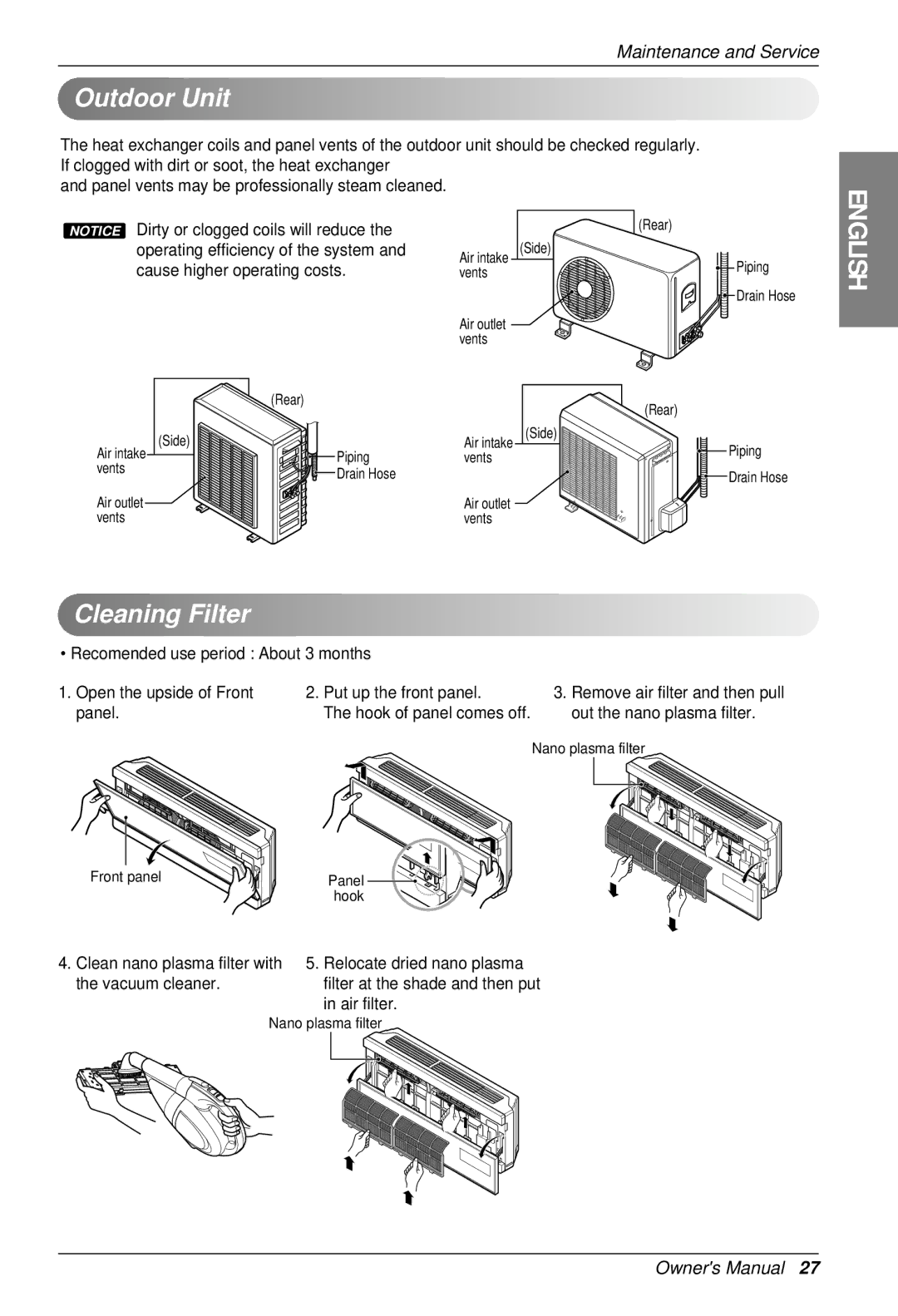 LG Electronics SU/SZ CHASSIS owner manual Outdoor Unit, Cleaning Filter 