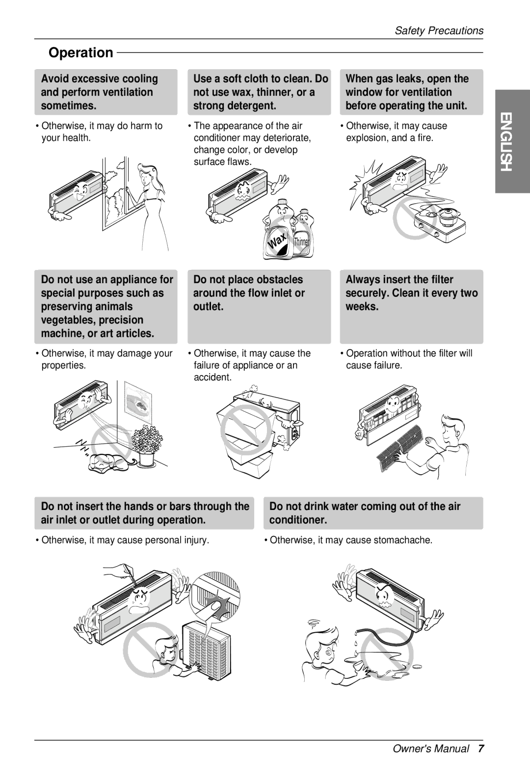 LG Electronics SU/SZ CHASSIS owner manual Avoid excessive cooling and perform ventilation sometimes 