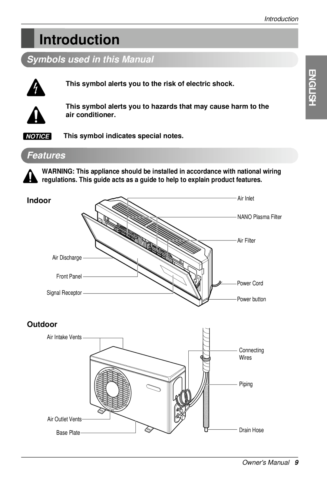 LG Electronics SU/SZ CHASSIS owner manual Introduction, Symbols used in this Manual, Features, Indoor, Outdoor 