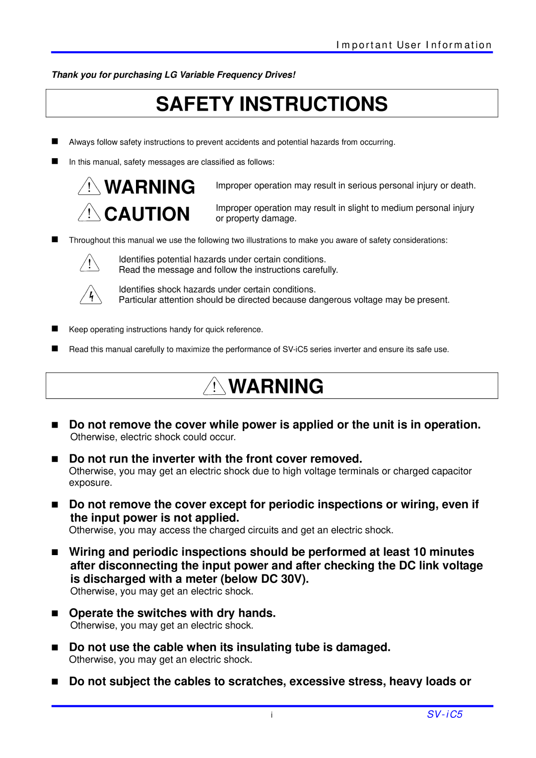 LG Electronics SV-iC5 Series manual Safety Instructions, Important User Information 