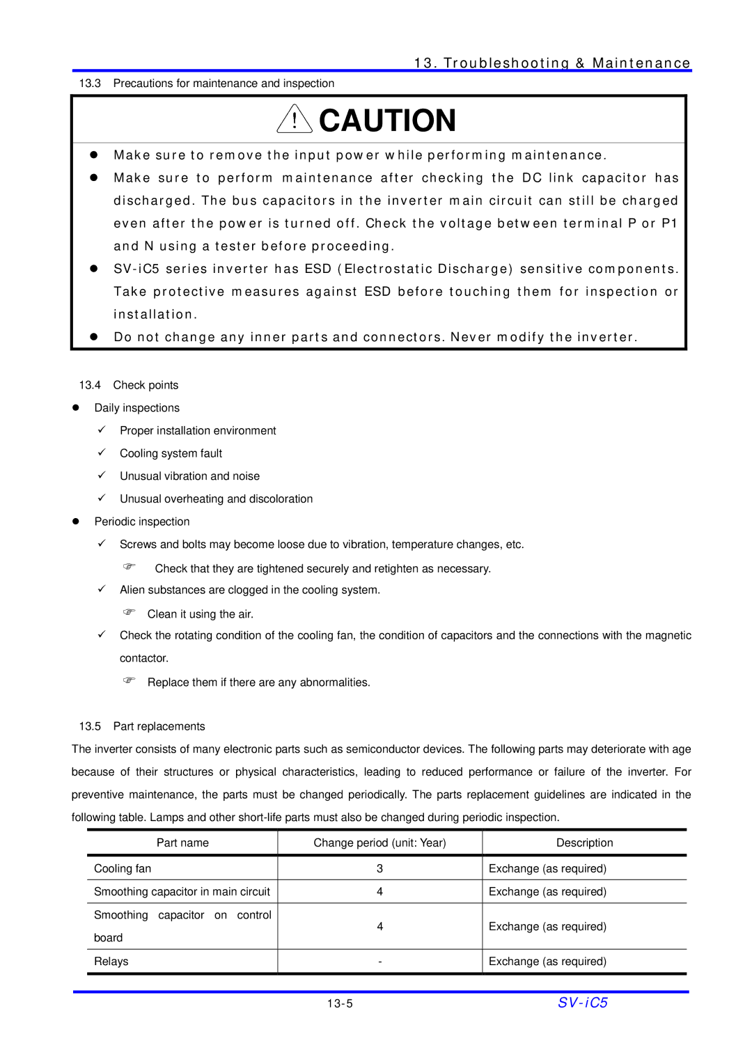 LG Electronics SV-iC5 Series manual Precautions for maintenance and inspection 