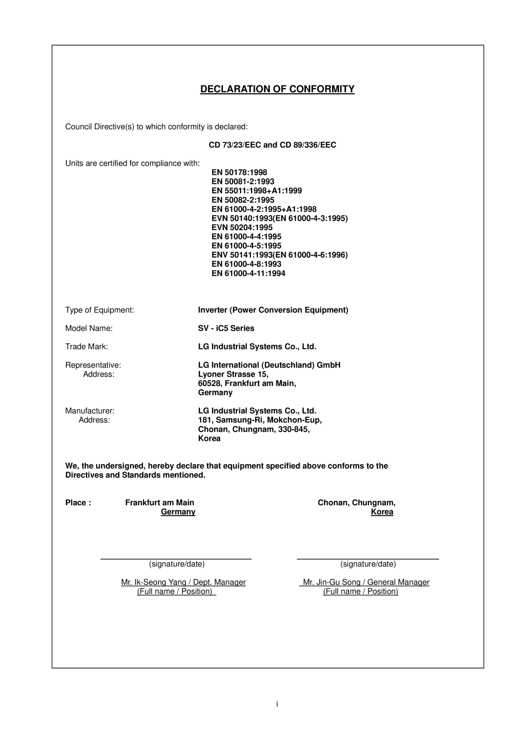 LG Electronics SV-iC5 Series manual Declaration of Conformity 