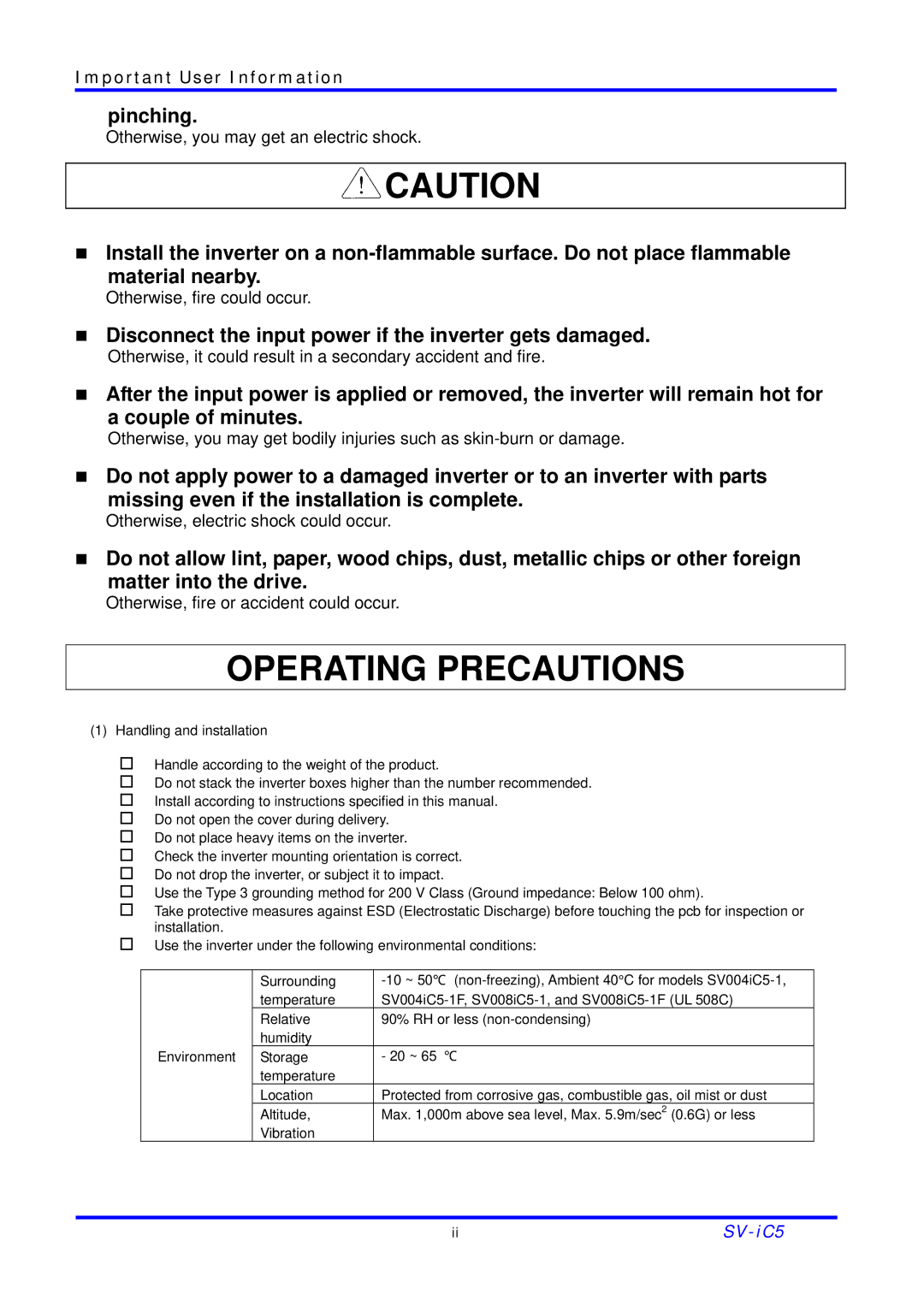 LG Electronics SV-iC5 Series manual Operating Precautions 