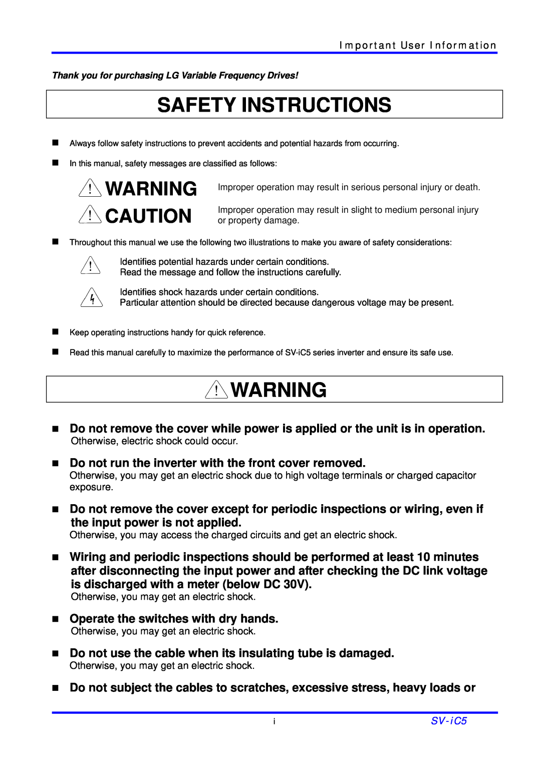 LG Electronics SV-iC5 Series manual Safety Instructions, Warning Caution 