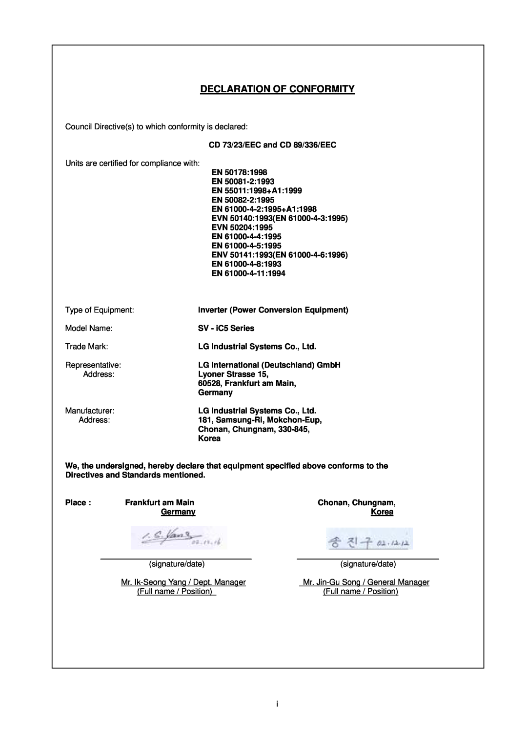 LG Electronics SV-iC5 Series Declaration Of Conformity, CD 73/23/EEC and CD 89/336/EEC, EVN EN EN ENV 501411993EN EN EN 