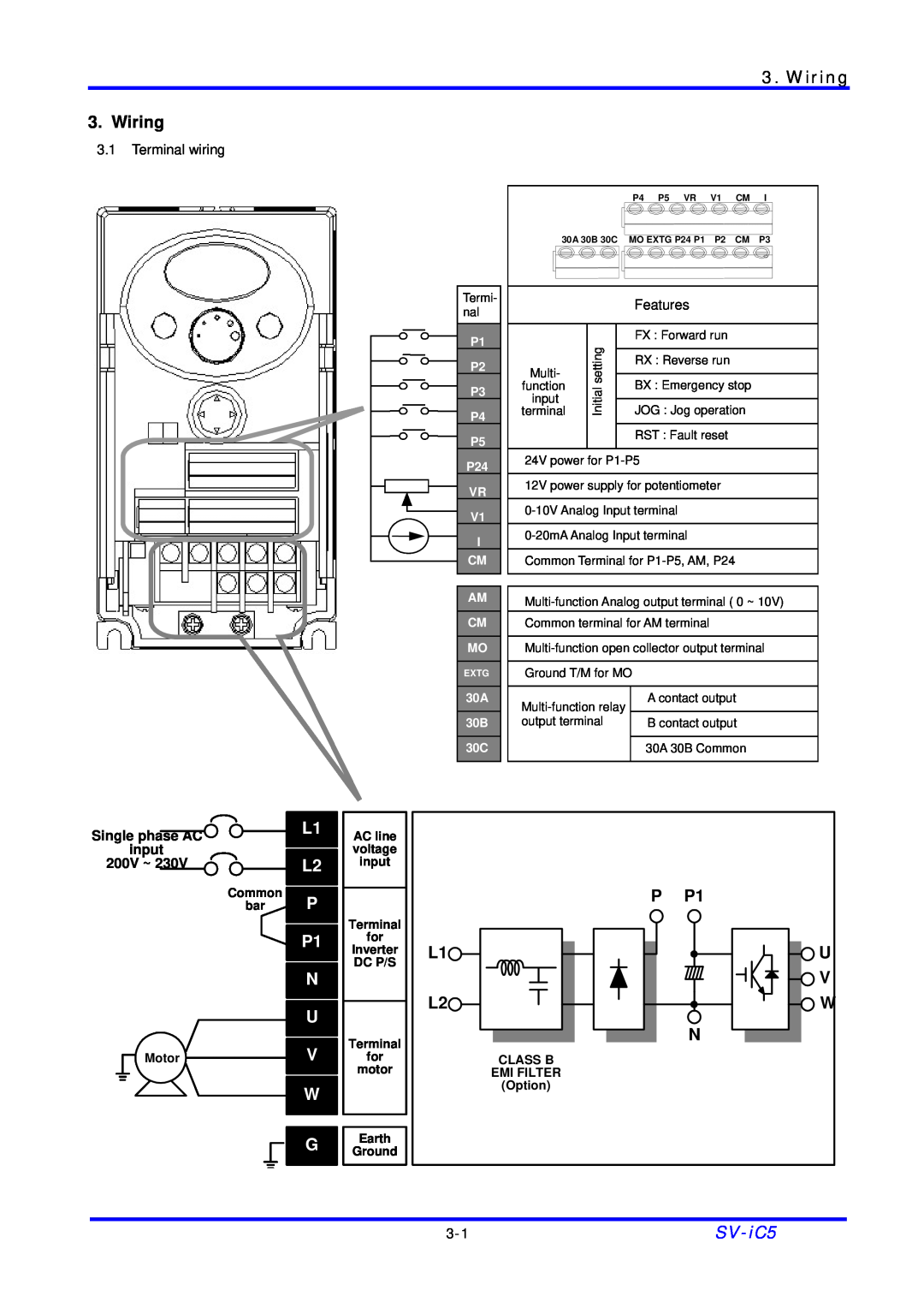 LG Electronics SV-iC5 Series manual Wiring, L1 L2, P P1 N, Single phase AC input 200V ~, Common bar Motor, Earth Ground 