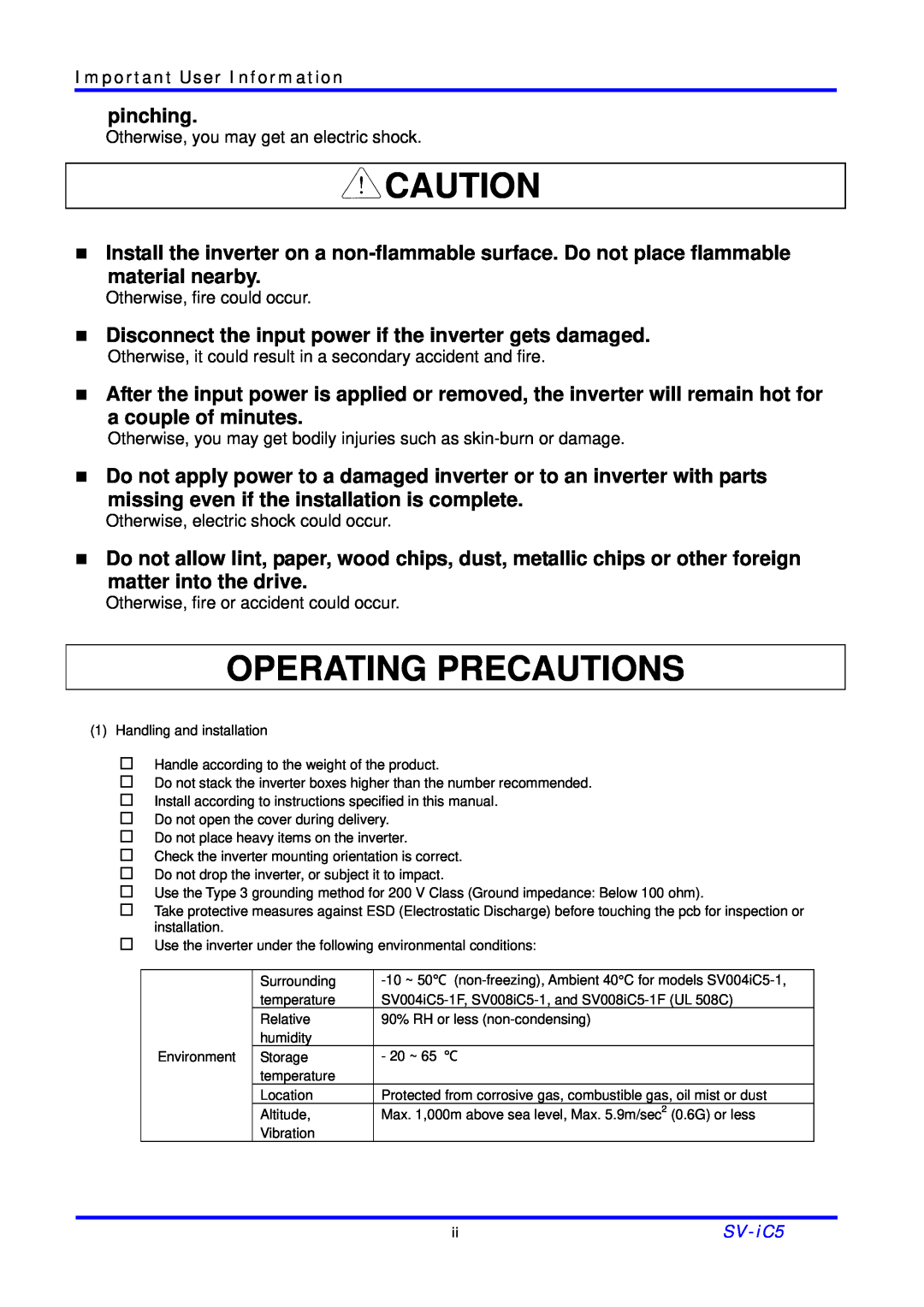 LG Electronics SV-iC5 Series manual Operating Precautions 