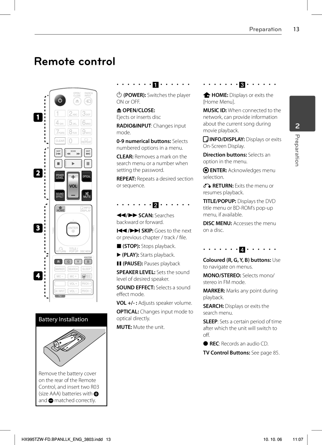 LG Electronics SX95TZW-S, SX95TZW-W96, SX95TZW-D, SX95TZW-C, MFL66303803, HX995TZW Remote control, Battery Installation 