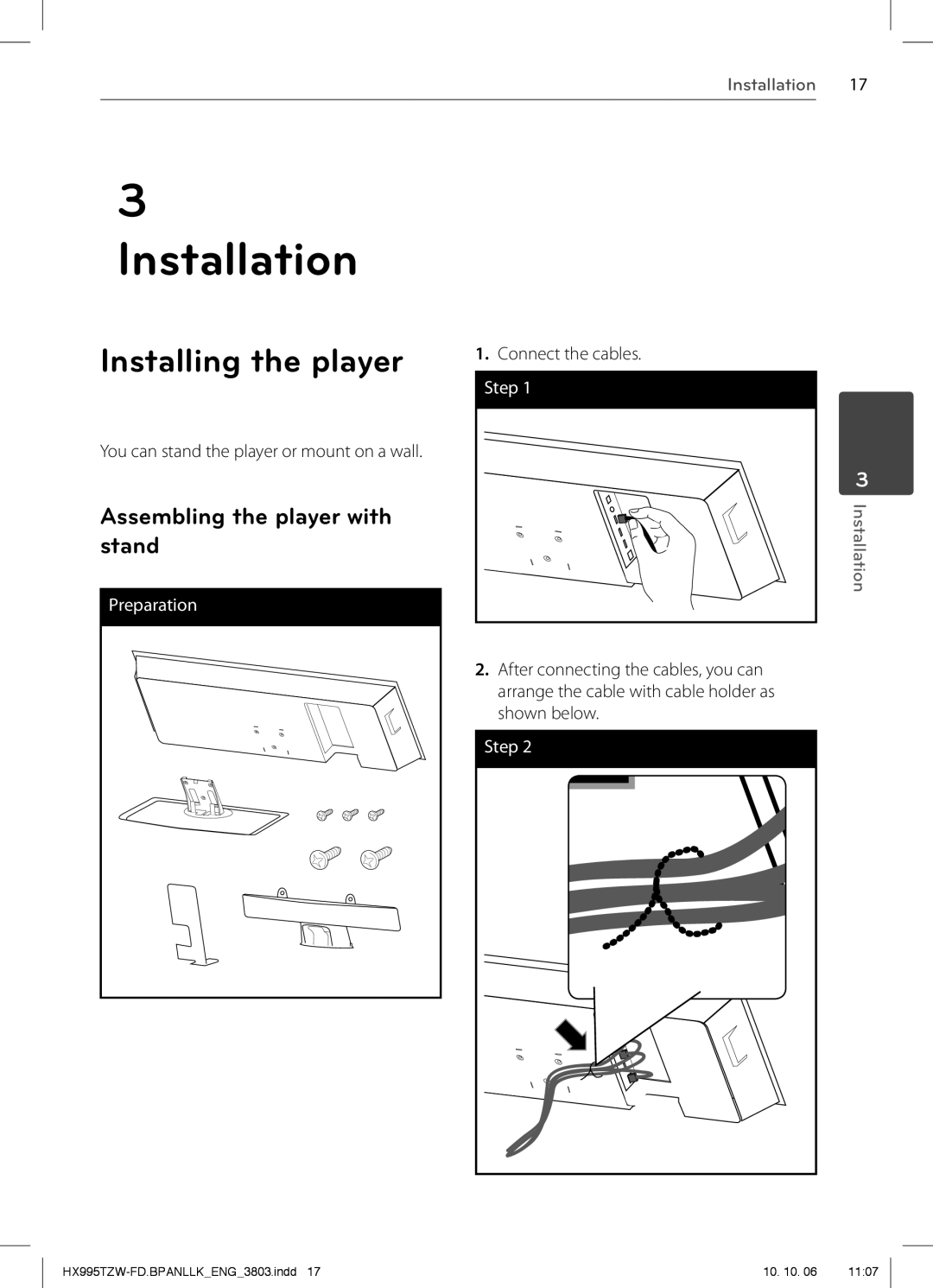 LG Electronics HX995TZW Installing the player, Assembling the player with, You can stand the player or mount on a wall 