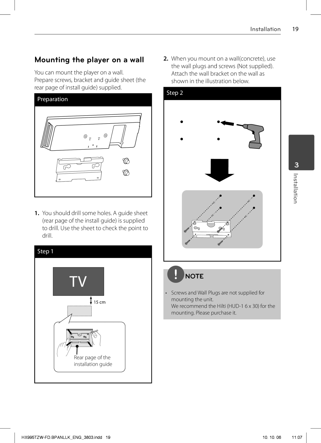 LG Electronics SX95TZW-S, SX95TZW-W96, SX95TZW-D, HX995TZW Mounting the player on a wall, You can mount the player on a wall 