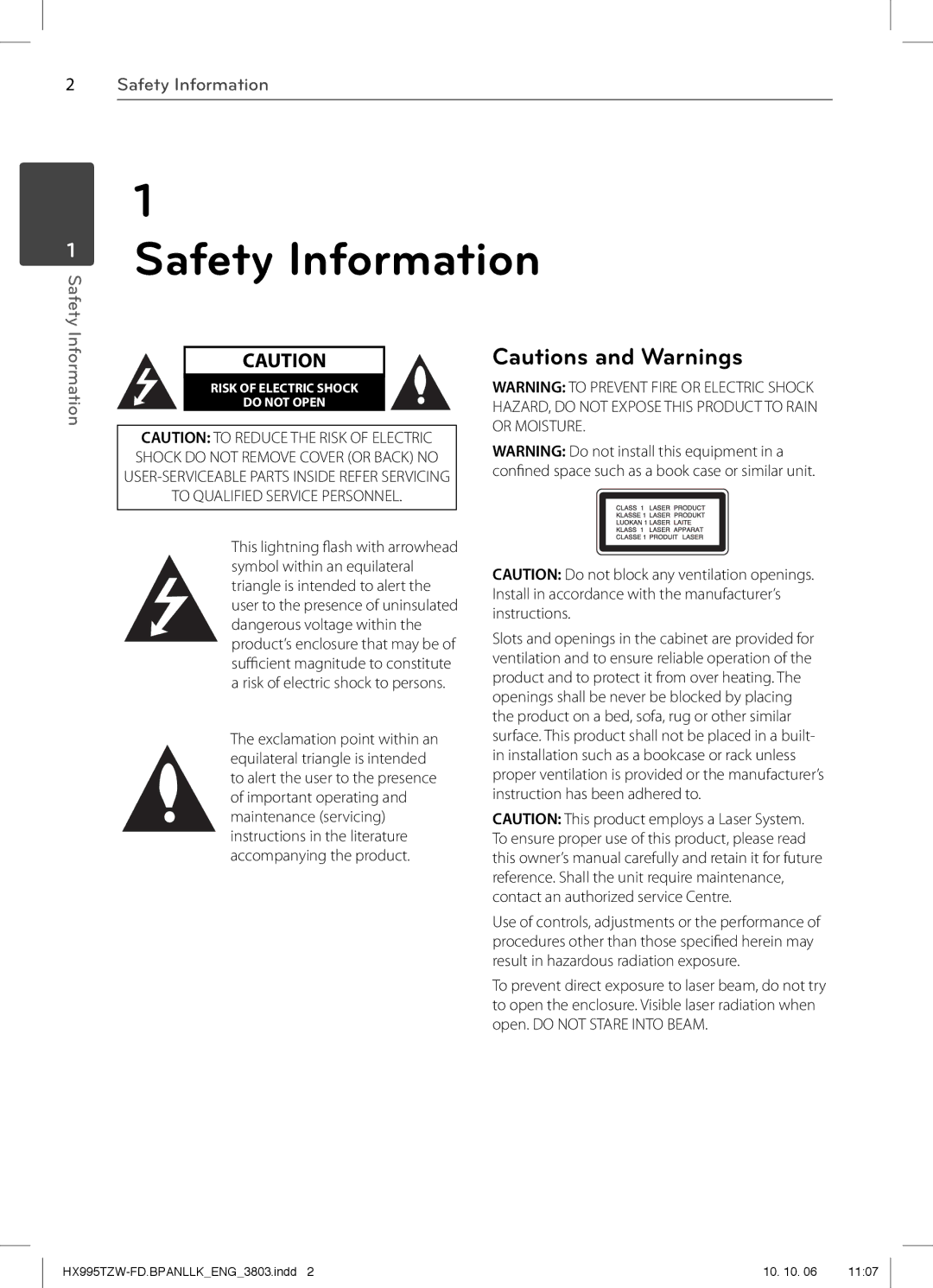 LG Electronics SX95TZW-D, SX95TZW-W96, SX95TZW-S, SX95TZW-C, MFL66303803, HX995TZW owner manual Safety Information 