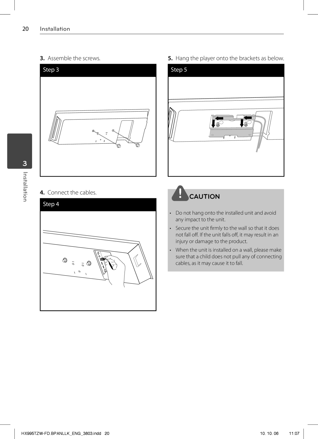 LG Electronics SX95TZW-D, SX95TZW-W96, SX95TZW-S, SX95TZW-C, MFL66303803, HX995TZW owner manual Installation 