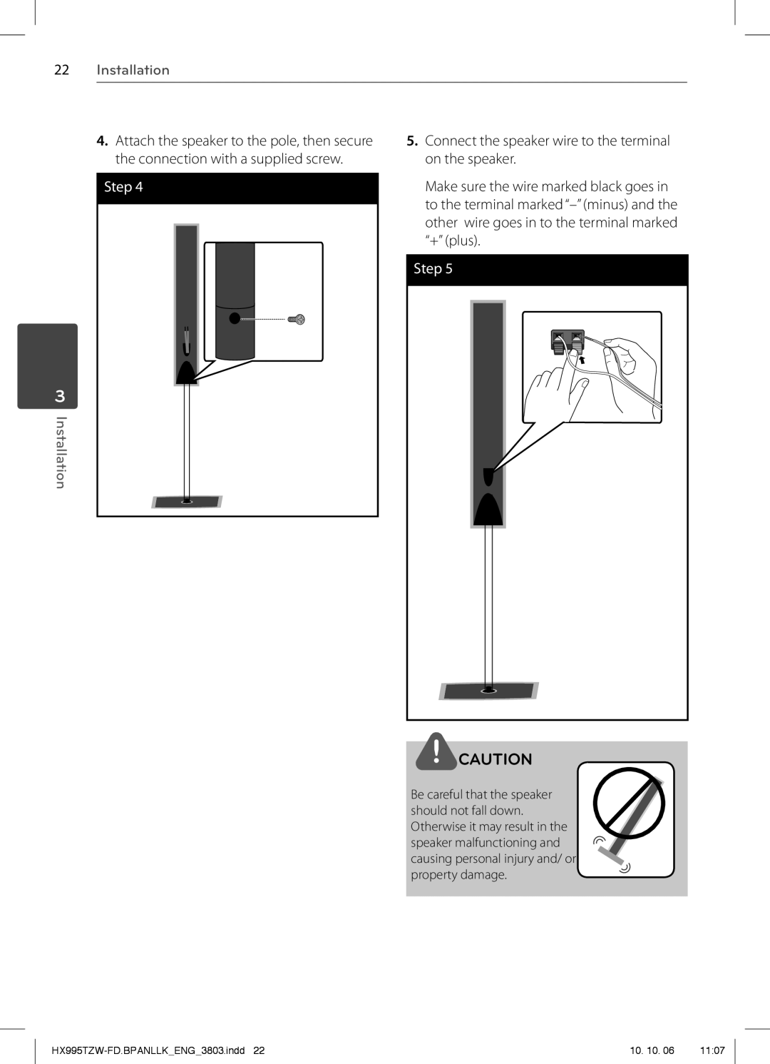 LG Electronics MFL66303803, SX95TZW-W96, SX95TZW-S, SX95TZW-D Connection with a supplied screw On the speaker, + plus 