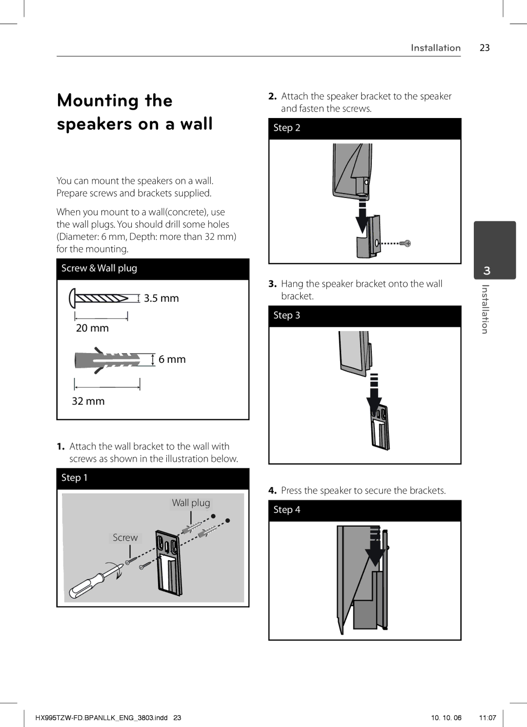 LG Electronics HX995TZW, SX95TZW-W96, SX95TZW-S, SX95TZW-D, SX95TZW-C Mounting, Speakers on a wall, Fasten the screws 