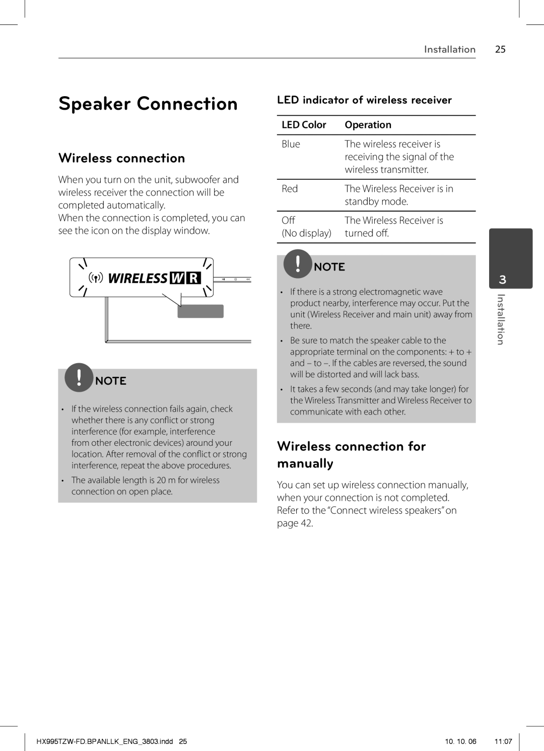 LG Electronics SX95TZW-S Speaker Connection, Wireless connection for manually, LED indicator of wireless receiver 