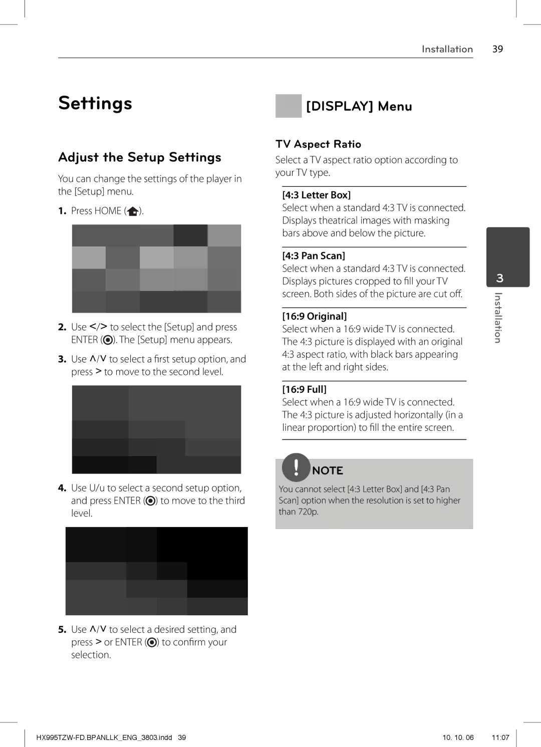 LG Electronics SX95TZW-C, SX95TZW-W96, SX95TZW-S, SX95TZW-D Adjust the Setup Settings, Display Menu, TV Aspect Ratio 