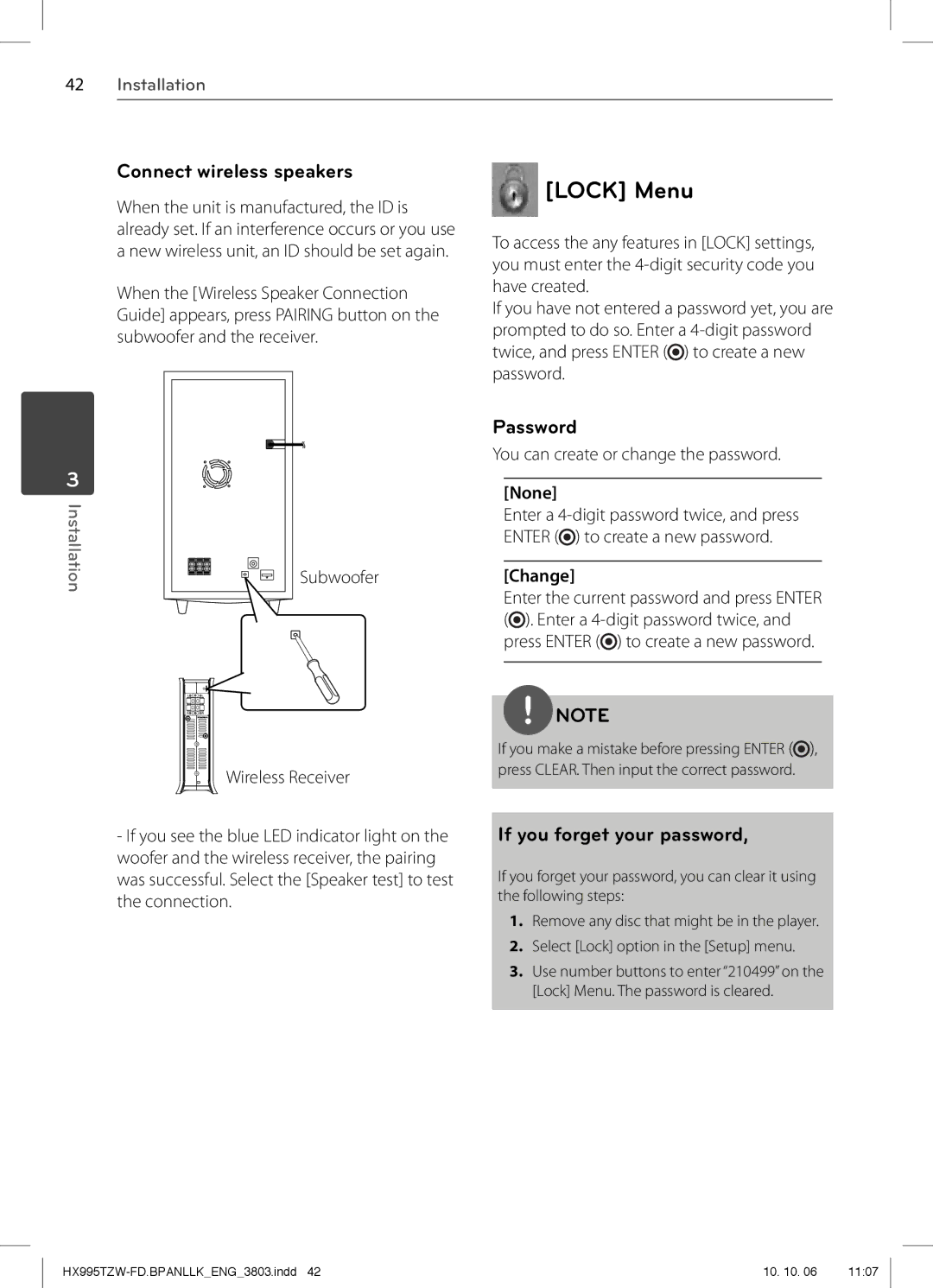 LG Electronics SX95TZW-W96, SX95TZW-S, HX995TZW Lock Menu, Connect wireless speakers, Password, If you forget your password 