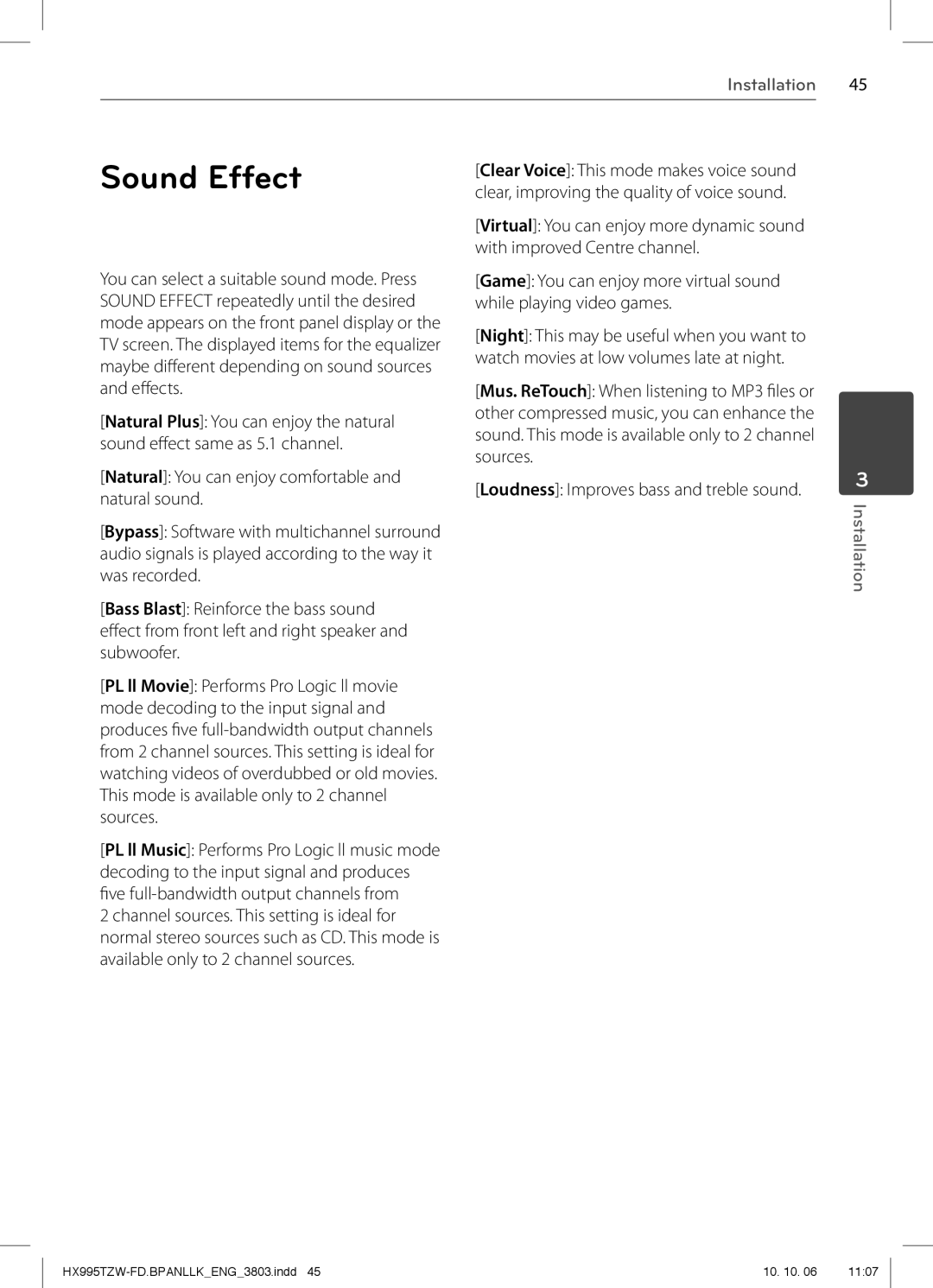 LG Electronics SX95TZW-C, SX95TZW-W96, SX95TZW-S, SX95TZW-D, MFL66303803, HX995TZW owner manual Sound Effect 