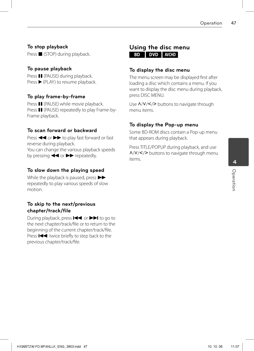 LG Electronics HX995TZW, SX95TZW-W96, SX95TZW-S, SX95TZW-D, SX95TZW-C, MFL66303803 owner manual Using the disc menu 