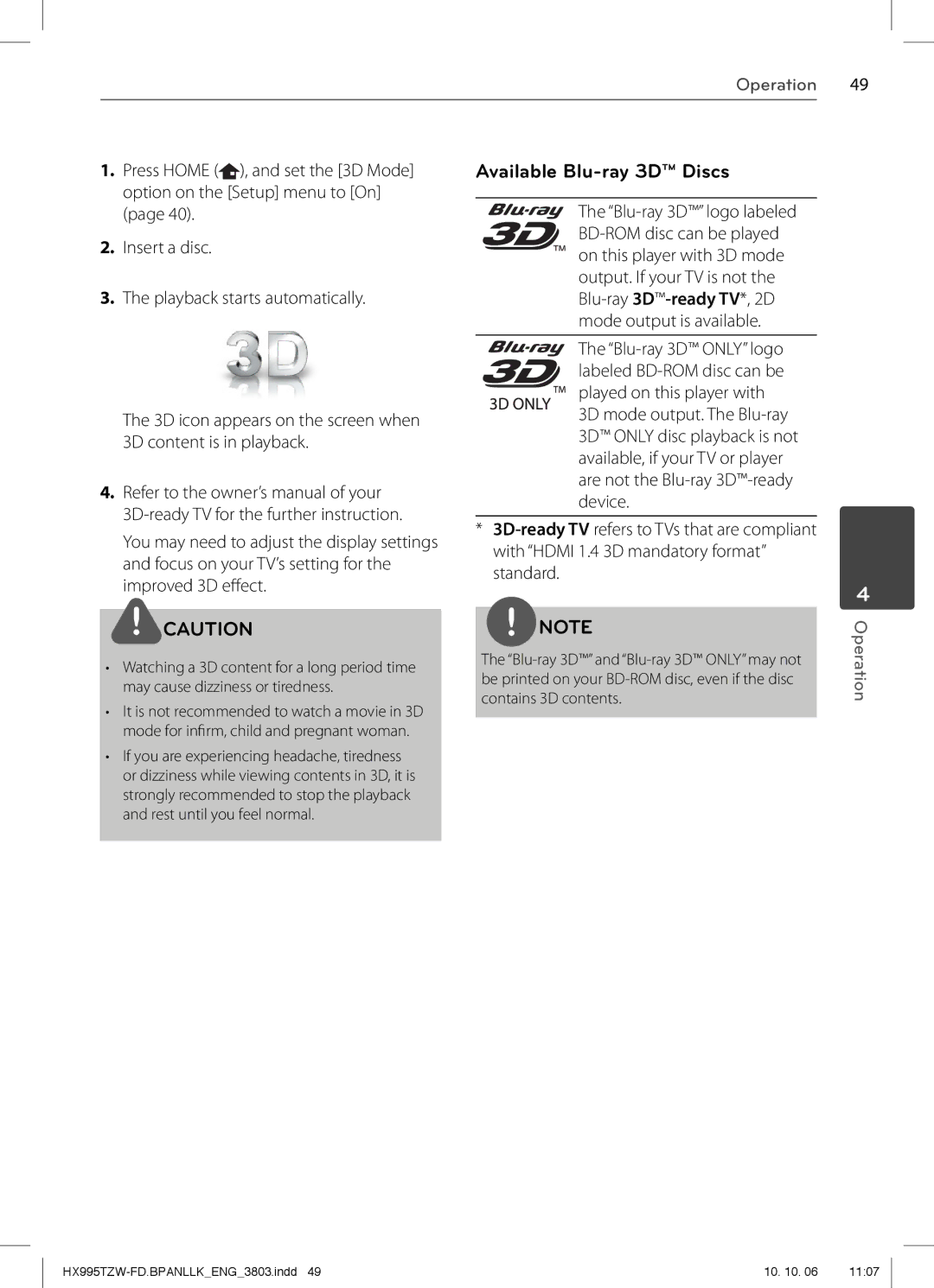 LG Electronics SX95TZW-S, SX95TZW-W96, SX95TZW-D, SX95TZW-C, MFL66303803, HX995TZW owner manual Available Blu-ray 3D Discs 