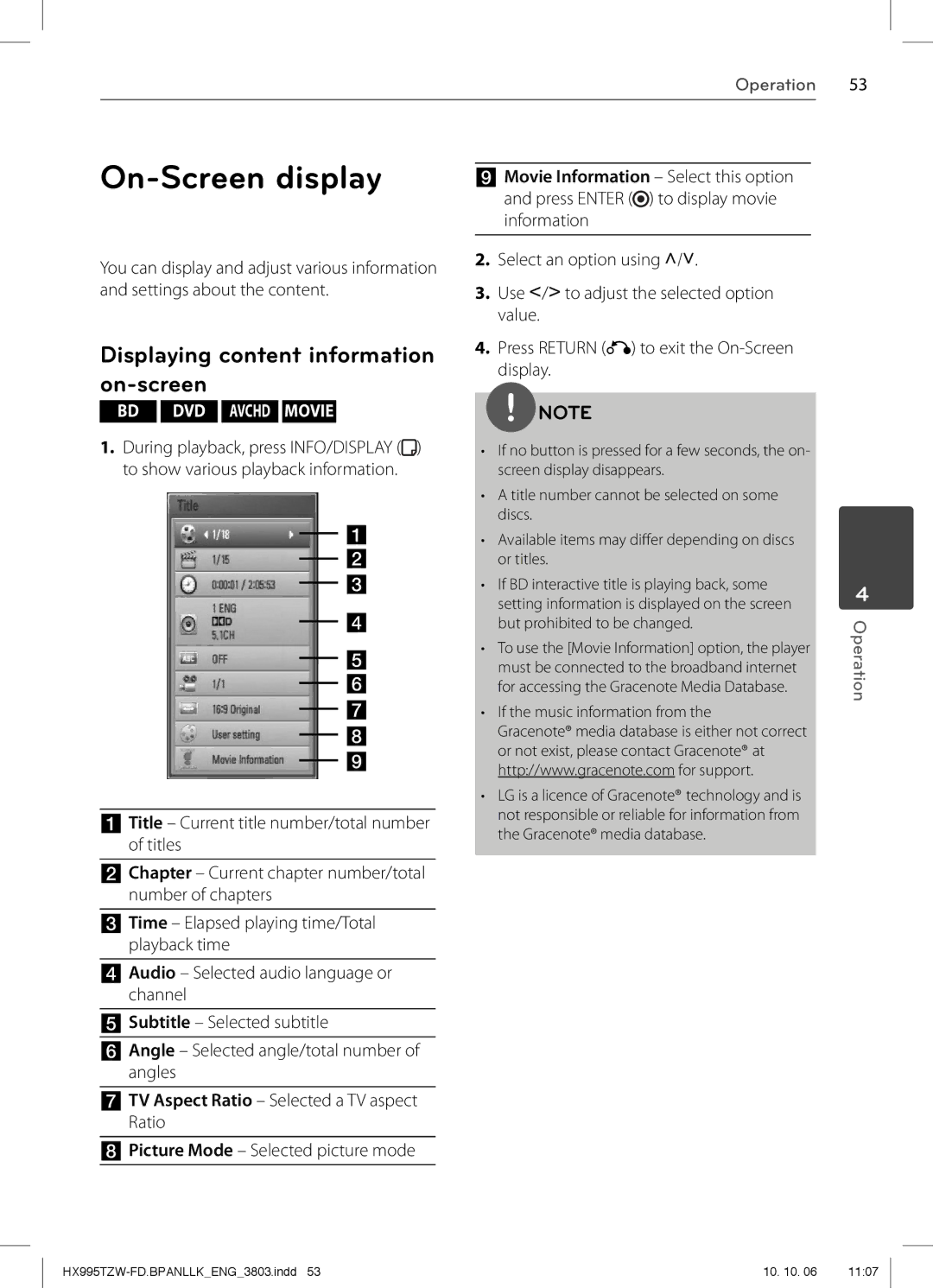 LG Electronics HX995TZW On-Screen display, Displaying content information on-screen, Movie Information Select this option 