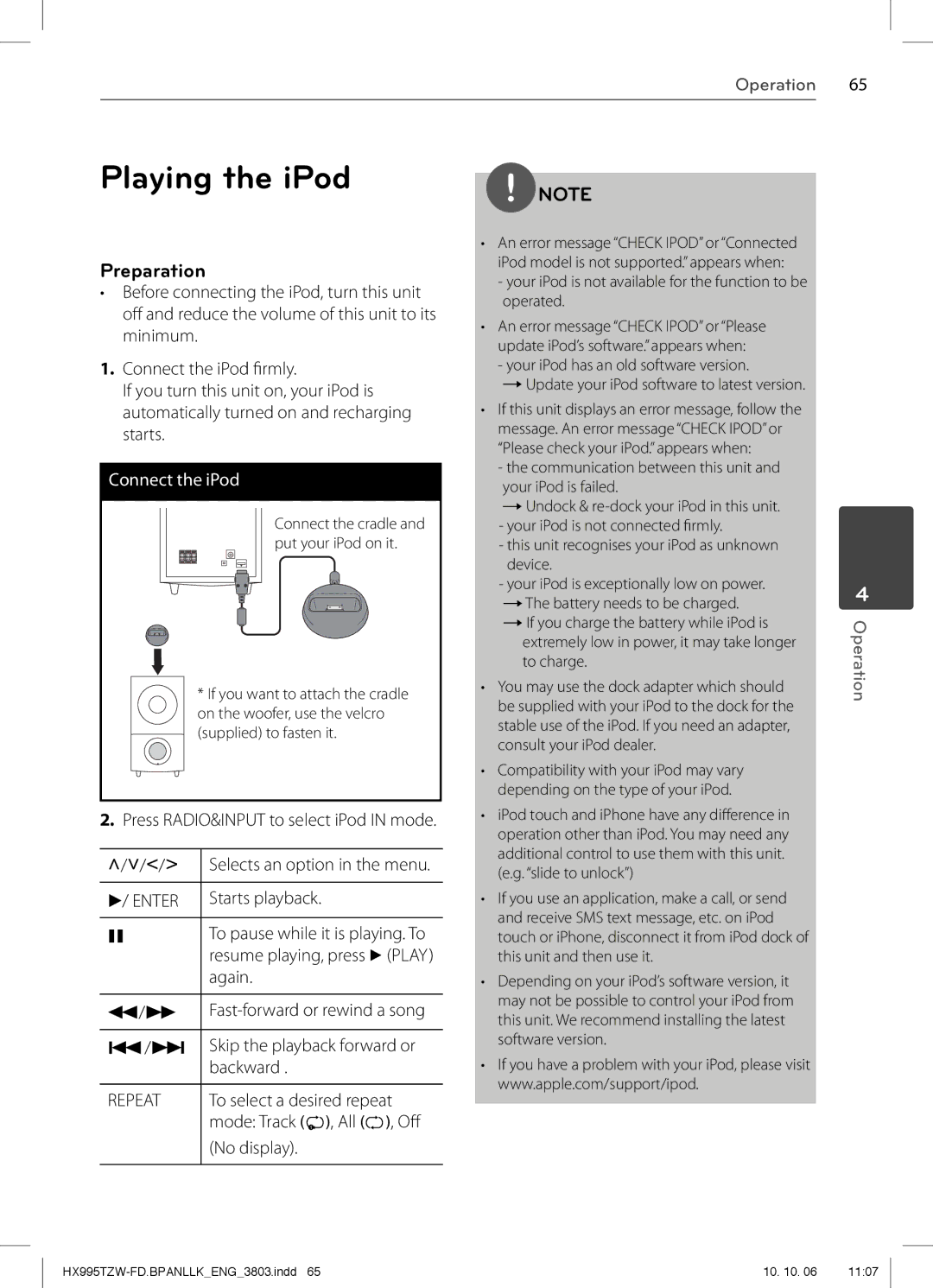 LG Electronics HX995TZW, SX95TZW-W96, SX95TZW-S, SX95TZW-D, SX95TZW-C, MFL66303803 owner manual Playing the iPod 