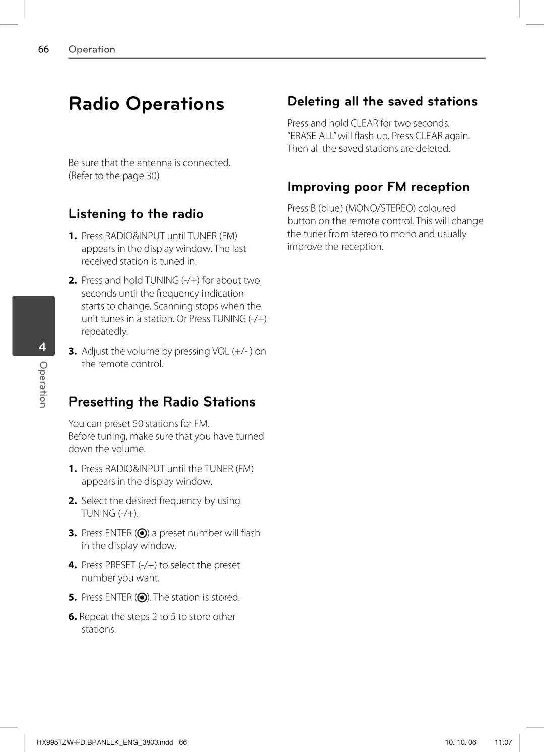 LG Electronics SX95TZW-W96, SX95TZW-S, SX95TZW-D Radio Operations, Listening to the radio, Presetting the Radio Stations 