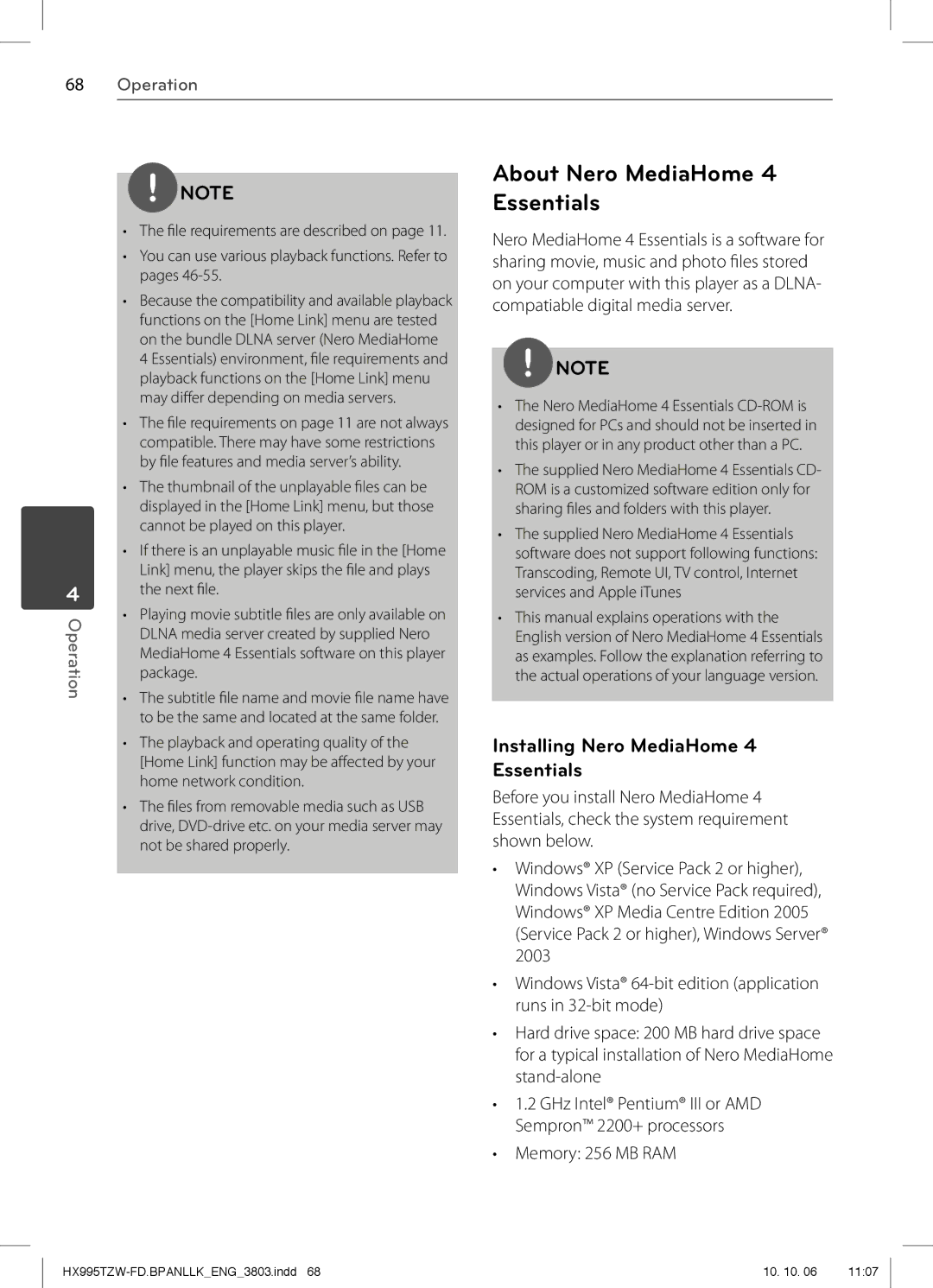 LG Electronics SX95TZW-D About Nero MediaHome 4 Essentials, Installing Nero MediaHome 4 Essentials, Memory 256 MB RAM 
