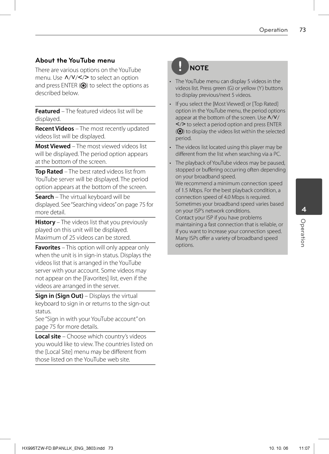 LG Electronics SX95TZW-S, SX95TZW-W96, SX95TZW-D, SX95TZW-C, MFL66303803, HX995TZW owner manual About the YouTube menu 