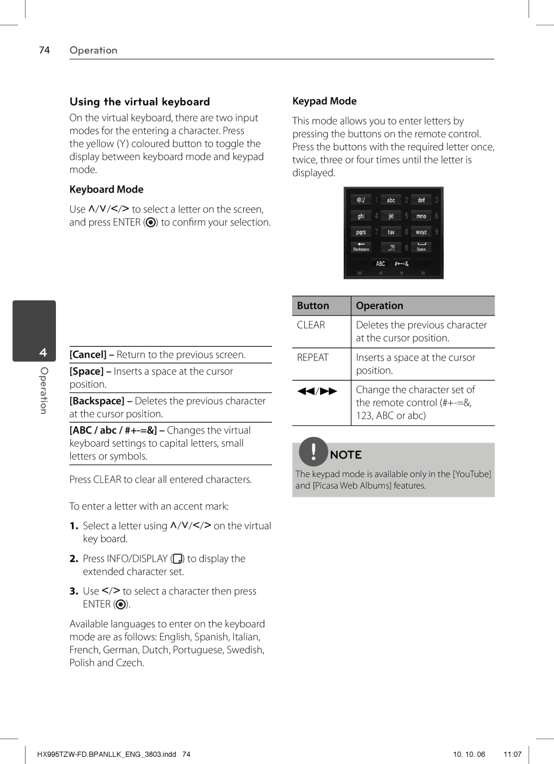 LG Electronics SX95TZW-D, SX95TZW-W96, SX95TZW-S, SX95TZW-C, HX995TZW Using the virtual keyboard, Keyboard Mode, Keypad Mode 