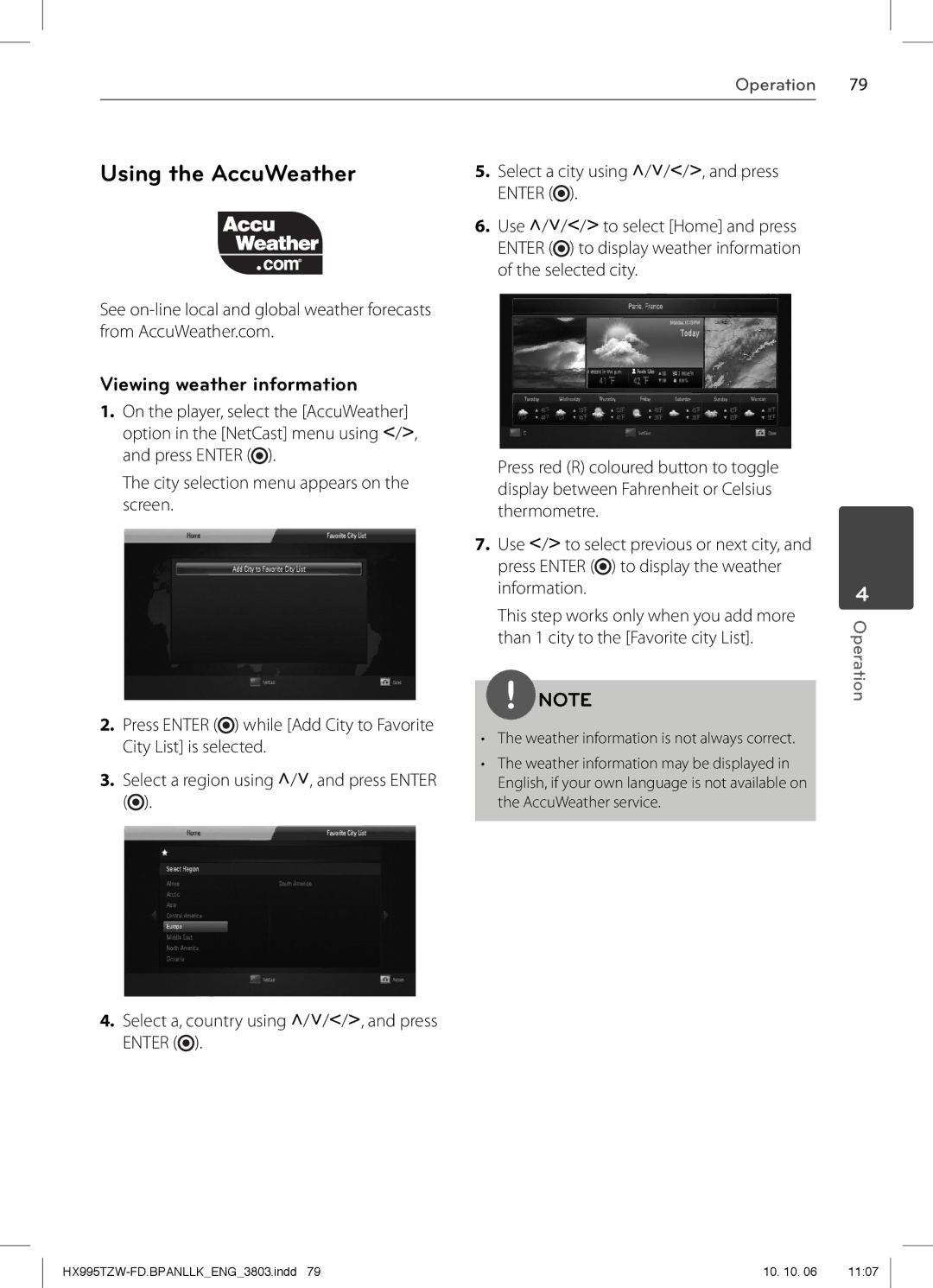 LG Electronics SX95TZW-S, SX95TZW-W96, SX95TZW-D, SX95TZW-C, MFL66303803 Using the AccuWeather, Viewing weather information 