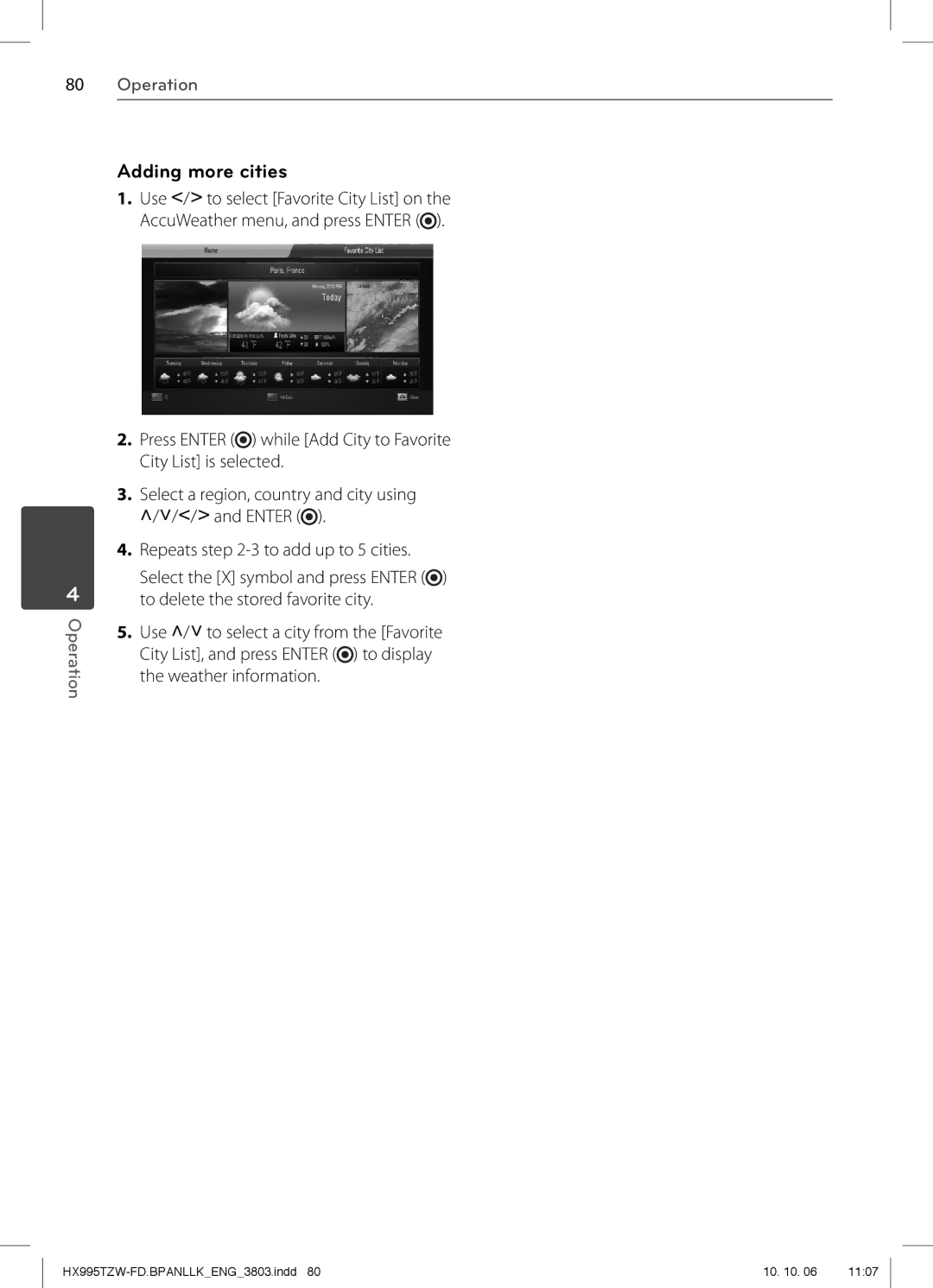 LG Electronics SX95TZW-D, SX95TZW-W96, SX95TZW-S, SX95TZW-C, MFL66303803, HX995TZW owner manual Adding more cities 