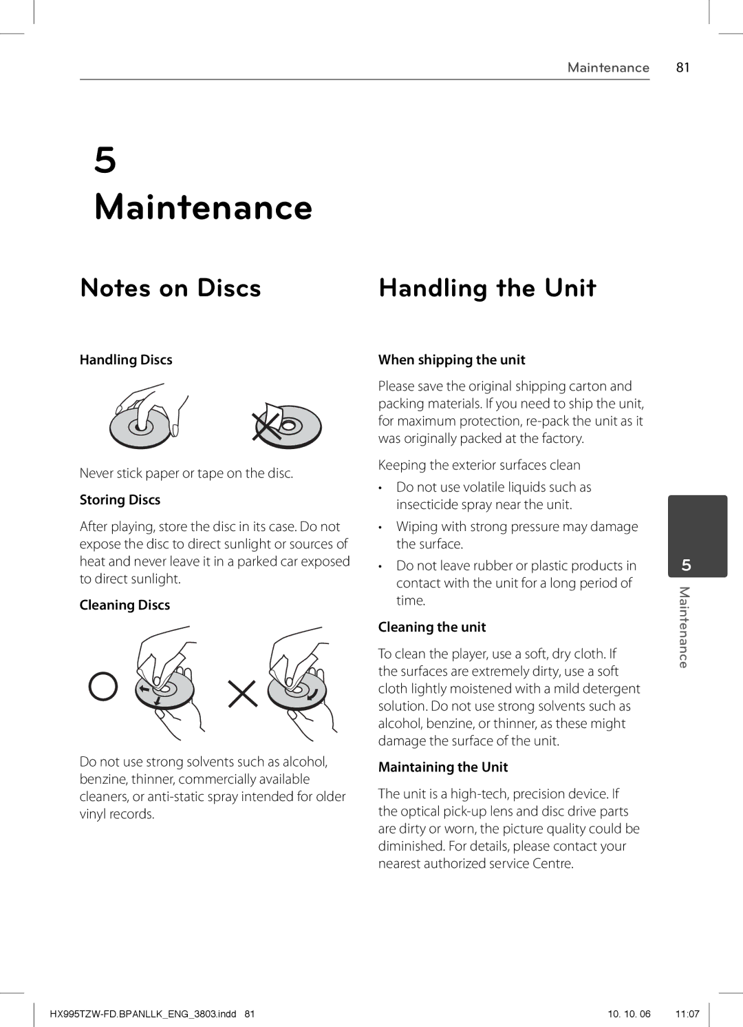 LG Electronics SX95TZW-C, SX95TZW-W96, SX95TZW-S, SX95TZW-D, MFL66303803, HX995TZW owner manual Handling the Unit 