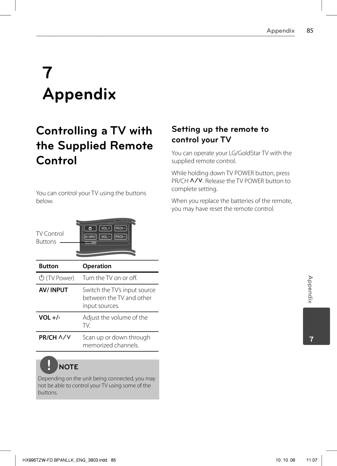 LG Electronics SX95TZW-S Controlling a TV with the Supplied Remote Control, Setting up the remote to control your TV 