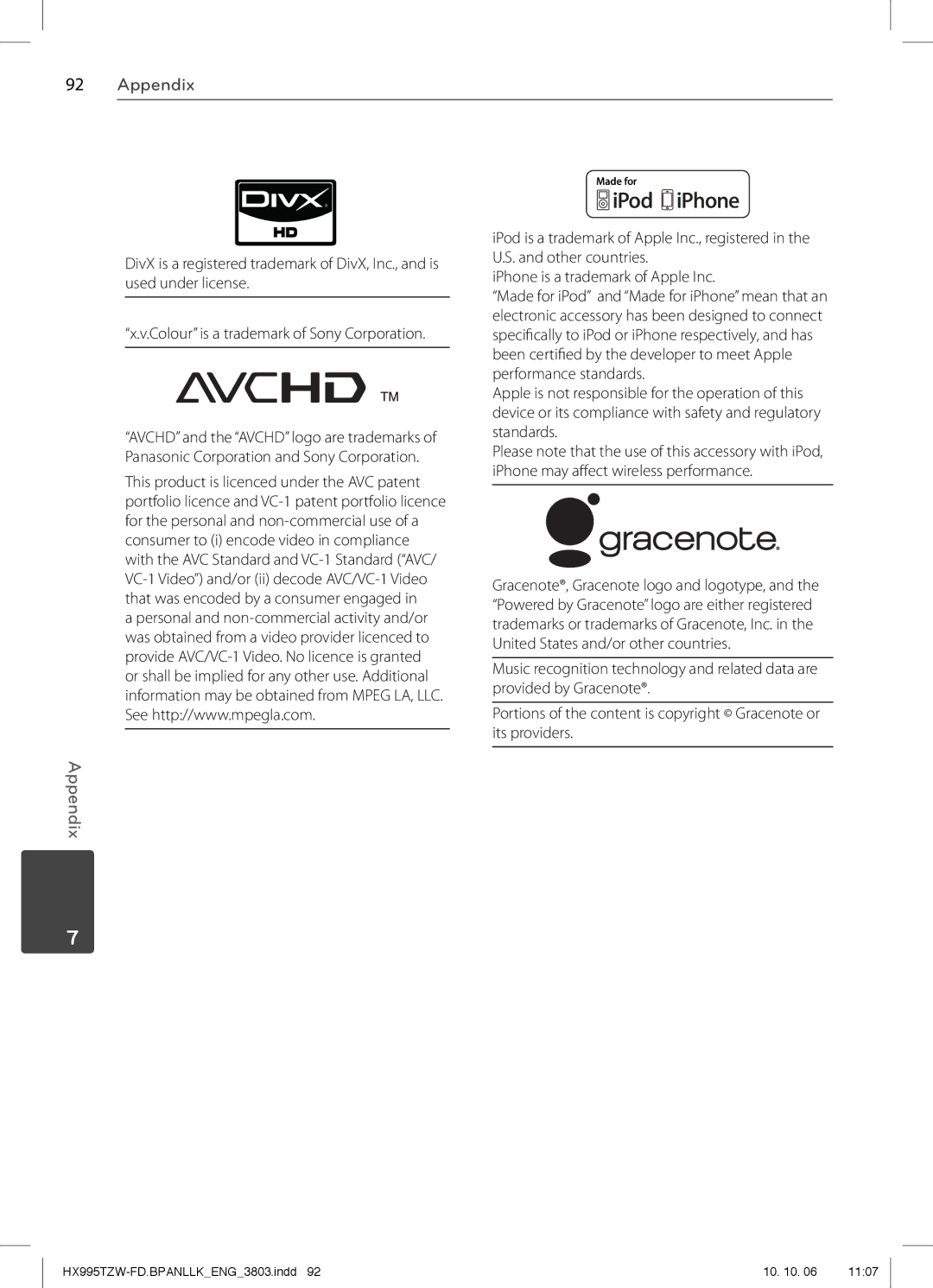 LG Electronics SX95TZW-D, SX95TZW-W96, SX95TZW-S, SX95TZW-C, MFL66303803, HX995TZW owner manual Appendix 