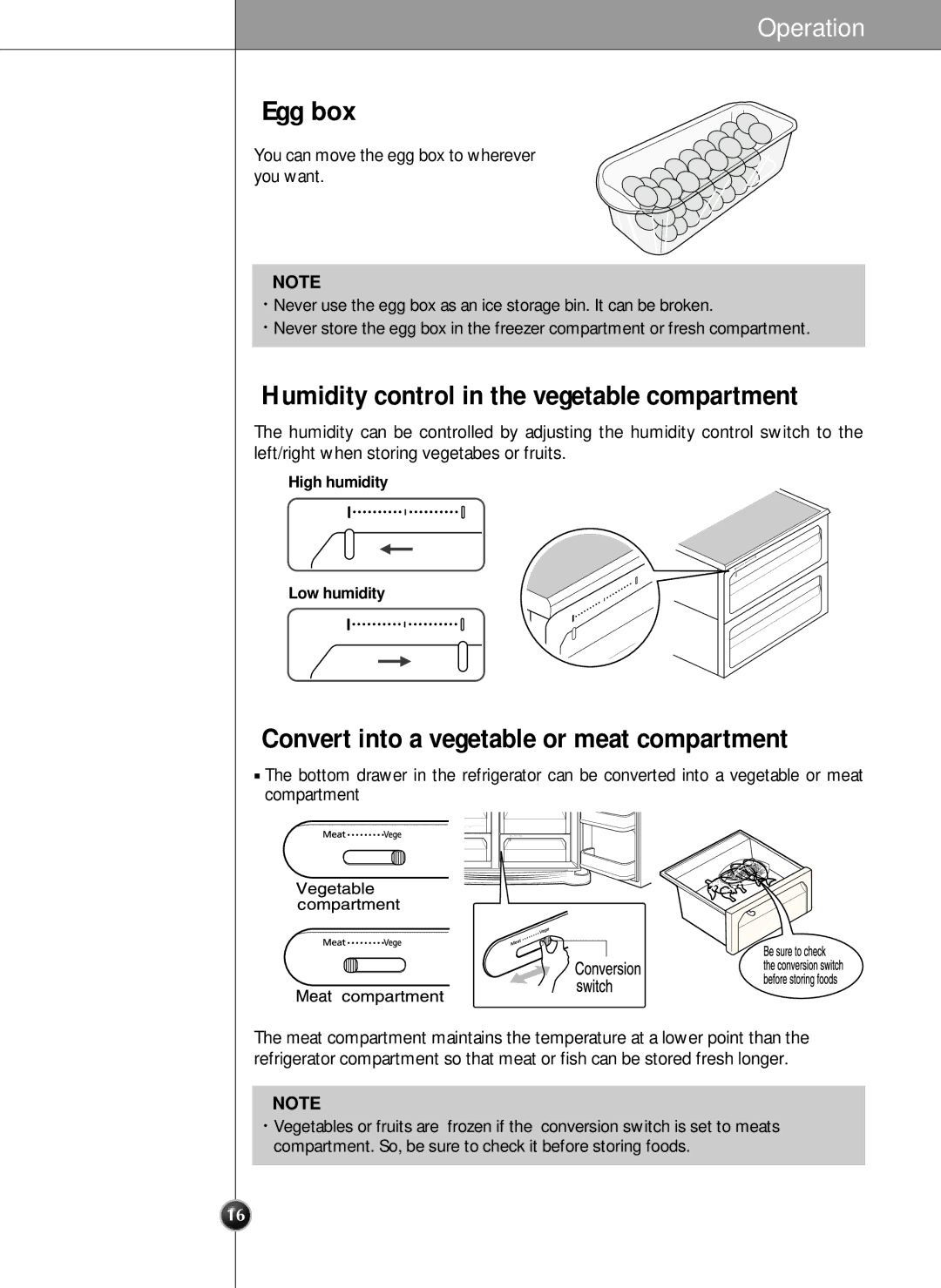 LG Electronics SXS Egg box, Humidity control in the vegetable compartment, Convert into a vegetable or meat compartment 